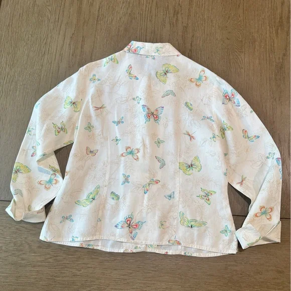 Talbots 100% Linen Button Down Blouse Size 10 Butterfly Print - Picture 12 of 13